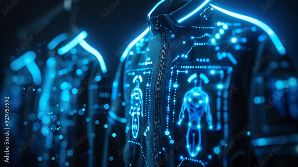 Naklejka premium Futuristic sci-fi jacket featuring glowing blue neon circuit patterns and digital interface displays.