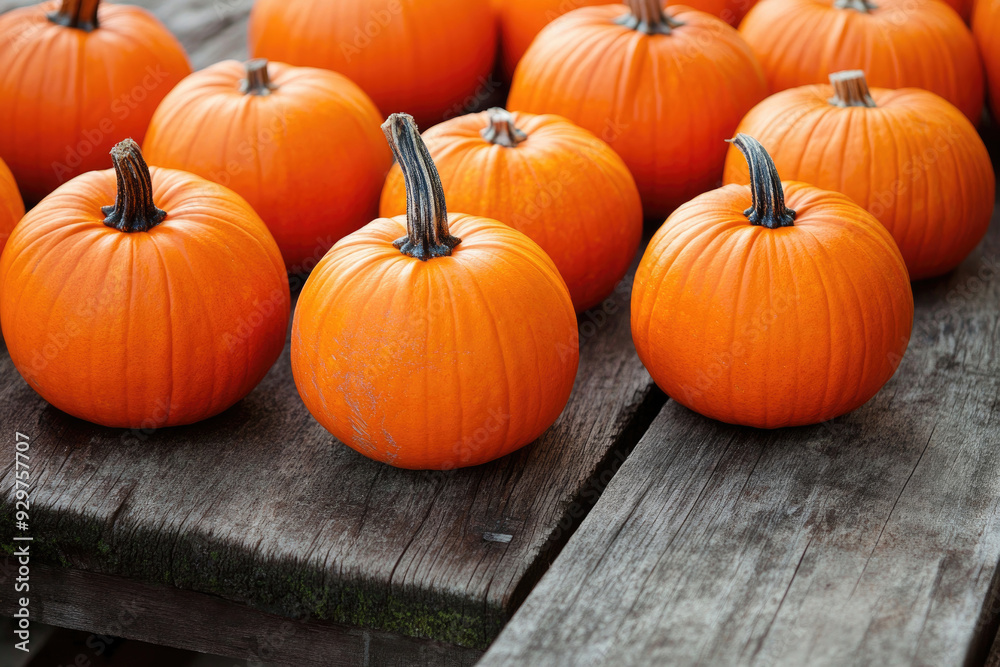 Orange pumpkins arranged on a wooden table with ample free space. Orange pumpkins arranged on a wooden table with ample free space.