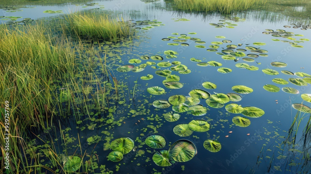 Visualize an aerial view of wetlands with a variety of aquatic plants, such as water lilies and submerged grasses, Visualize an aerial view of wetlands with a variety of aquatic plants, such as water lilies and submerged grasses,