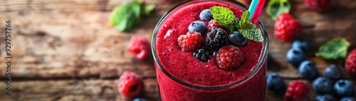 Refreshing mixed berry smoothie in a glass with fresh blueberries, raspberries, and mint on a rustic wooden table. photo