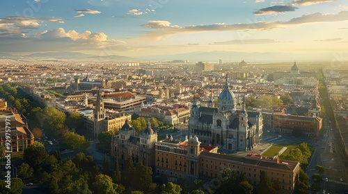 Visualize Madrid's historic cathedrals and churches, such as Almudena Cathedral, standing out amidst the cityscape in an aerial photograph