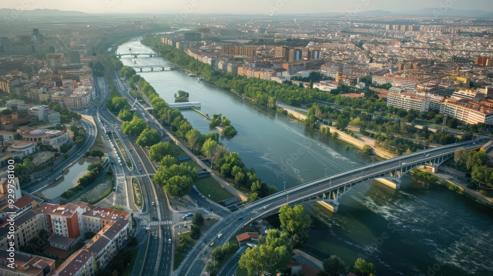 Visualize Madrid's riverfront and bridges, such as the Manzanares River and its crossings, in a sweeping aerial photograph. Visualize Madrid's riverfront and bridges, such as the Manzanares River and its crossings, in a sweeping aerial photograph.