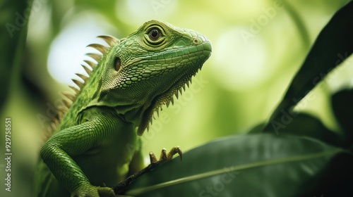 A close-up of a green lizard on a branch in the jungle