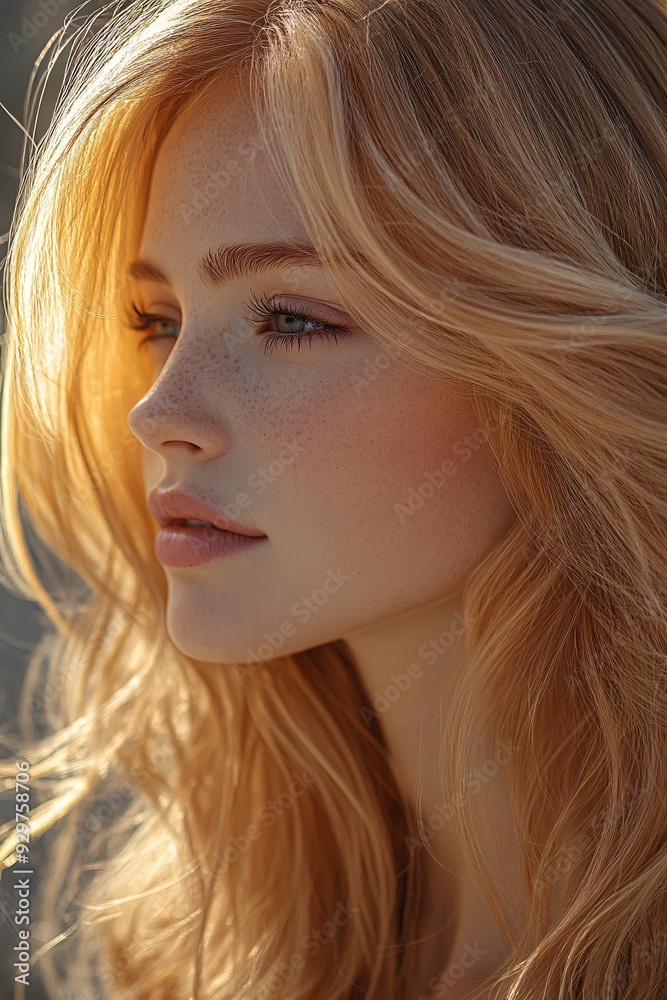 Naklejka premium Serene Portrait of a Blonde Woman in Sunlit Golden Light