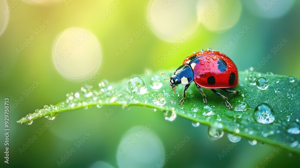 A close-up of a red ladybug on a green leaf with morning dew droplets A close-up of a red ladybug on a green leaf with morning dew droplets