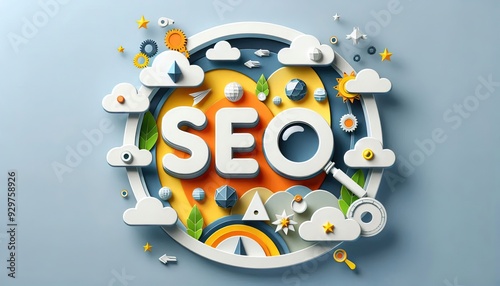 SEO text icon surrounded by digital icons on a bright blue background representing search engine optimization and marketing