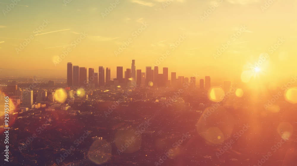 Visualize the Los Angeles skyline with a lens flare effect, adding a dynamic touch to the scene Visualize the Los Angeles skyline with a lens flare effect, adding a dynamic touch to the scene