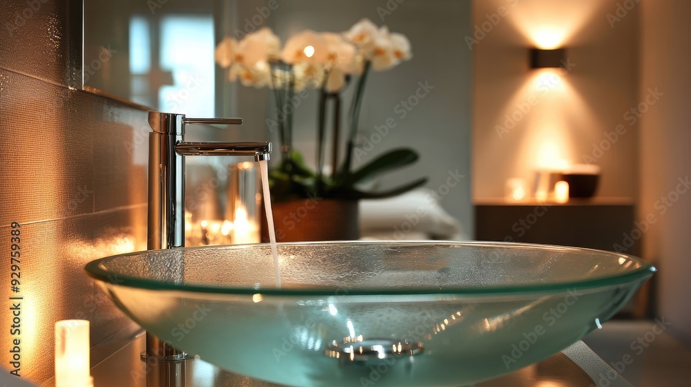 A contemporary bathroom with a glass sink, sleek faucet, and modern lighting A contemporary bathroom with a glass sink, sleek faucet, and modern lighting