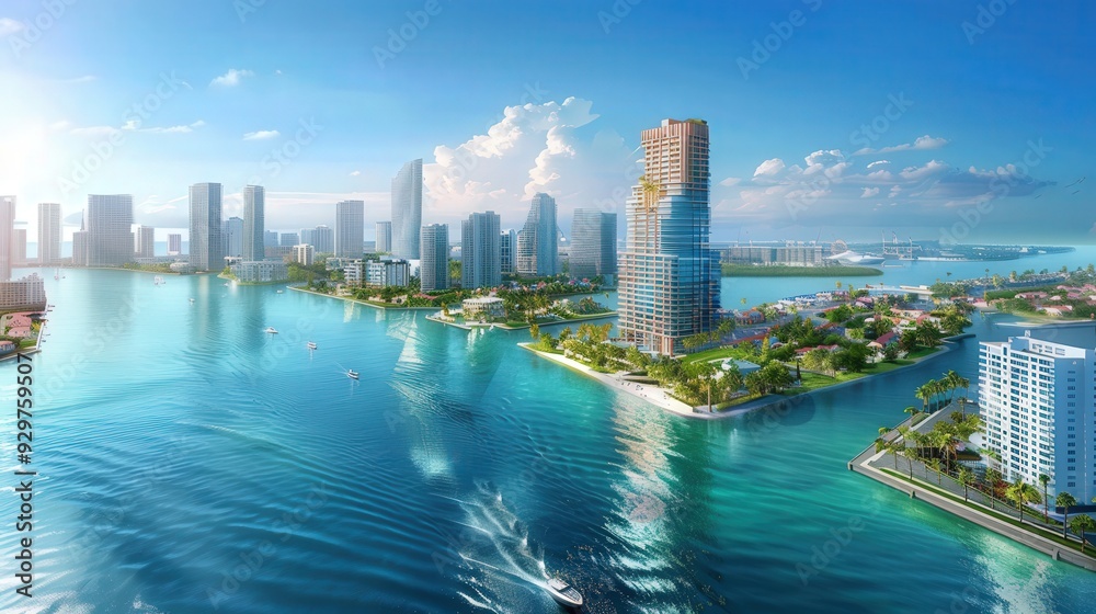 Fototapeta premium Visualize the Miami skyline from a bird's-eye view, capturing the vibrant urban landscape and surrounding waters.