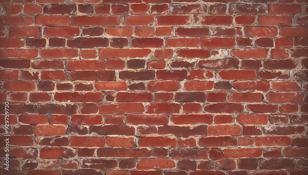 Obraz premium Weathered red brick wall background with peeling paint and dark stains. Grunge background design for poster, wallpaper, and banner