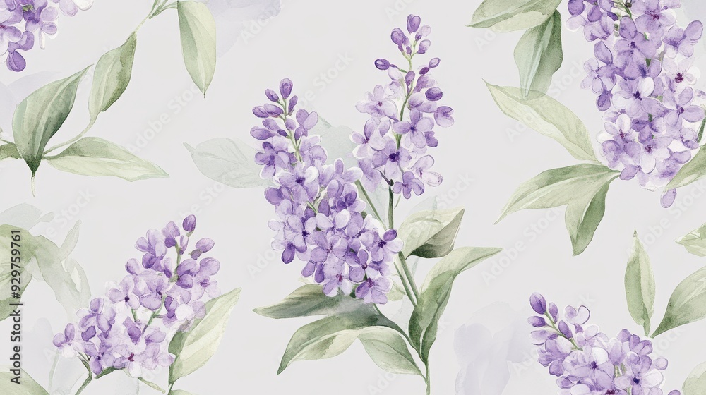 A beautiful watercolor pattern featuring lilac flowers and green leaves on a light background. A beautiful watercolor pattern featuring lilac flowers and green leaves on a light background.