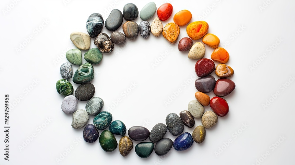 A creative circle graph made with colorful pebbles arranged on a white background A creative circle graph made with colorful pebbles arranged on a white background