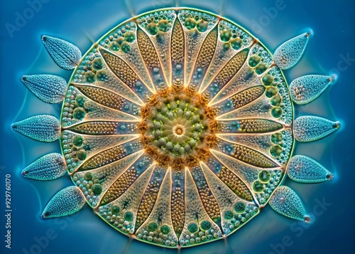 Delicate, lace-like silica frustules of a diatom microorganism magnified to reveal exquisite, ornate patterns and symmetrical structures in a breathtaking display of natural beauty. photo