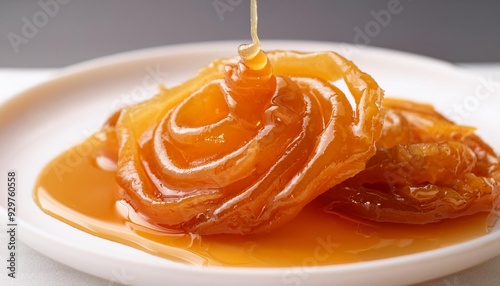  A piece of Jalebi with some syrup dripping off it, placed on a white plate. photo