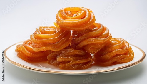 A small stack of Jalebis arranged neatly on a white plate photo