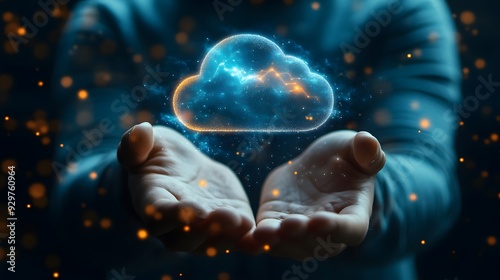 Business person discover the future of cloud computing with latest insights and elevate business by integrating cloud computing technology. Embrace the cloud era with innovative computing EIDE photo