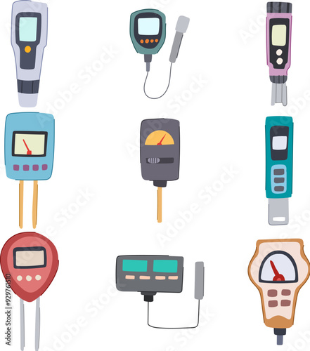 ph meter set cartoon. electrode solution, measurement probe, sensor accuracy ph meter sign. isolated symbol vector illustration