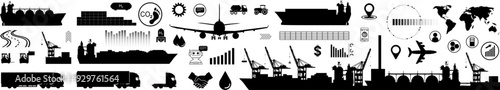 Vektor Set Silhouetten Transport und Logistik - Handel und Wirtschaft - Import und Export von Waren - Icons und Symbole