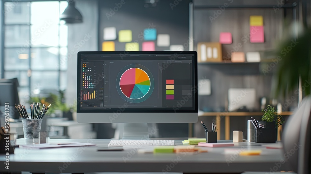 A modern office with a colorful circle graph on a computer monitor and sticky notes around A modern office with a colorful circle graph on a computer monitor and sticky notes around