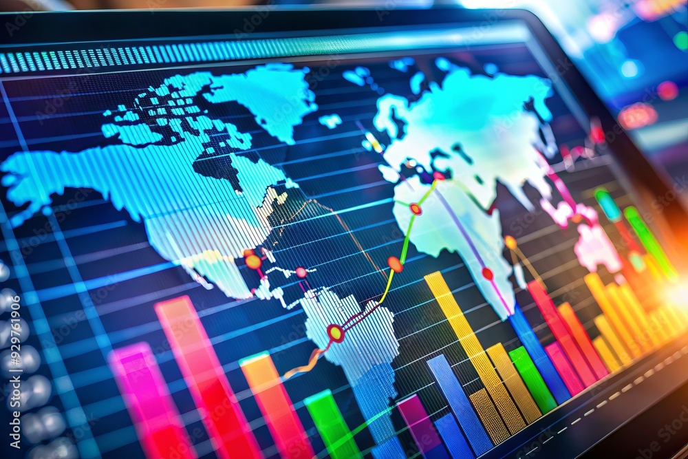 Close-up of a digital display showing a macroeconomic research paper with colorful charts, graphs, and tables analyzing global inflation trends and economic implications. Close-up of a digital display showing a macroeconomic research paper with colorful charts, graphs, and tables analyzing global inflation trends and economic implications.