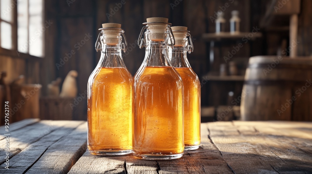 Rustic setting with glass bottles of homemade cider on a wooden table, captured in warm, natural lighting. Rustic setting with glass bottles of homemade cider on a wooden table, captured in warm, natural lighting.