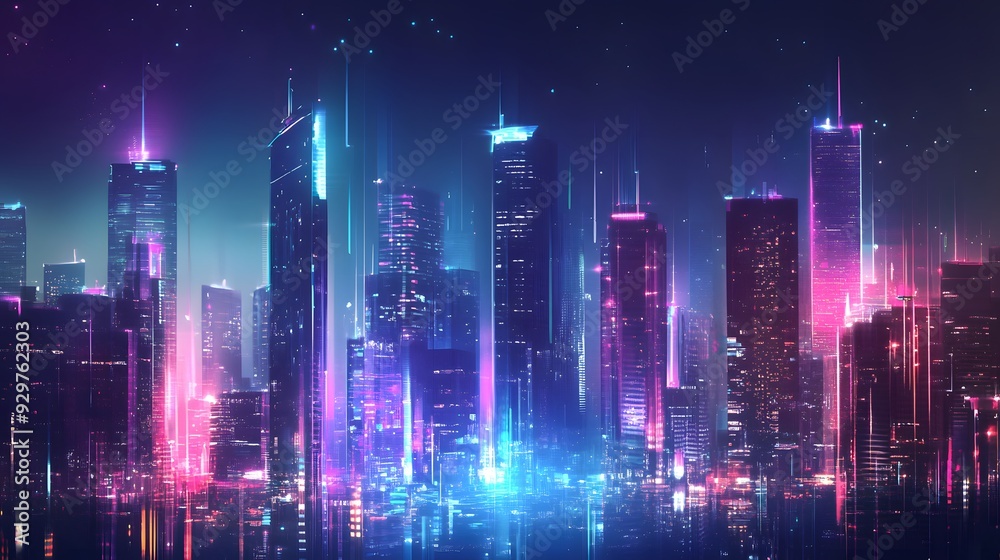 Futuristic urban skyline with bright, colorful lights and tall structures. Premium background for the latest technology needs Futuristic urban skyline with bright, colorful lights and tall structures. Premium background for the latest technology needs