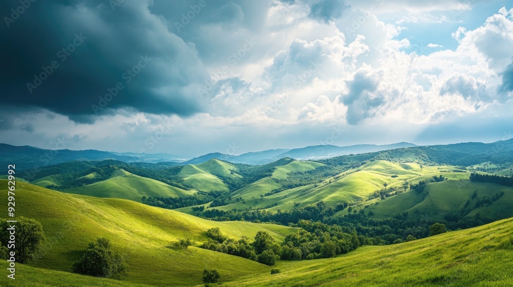 A scenic view of rolling green hills under a dramatic cloudy sky A scenic view of rolling green hills under a dramatic cloudy sky