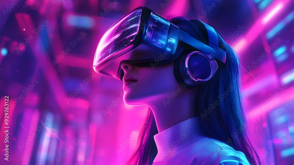 Metaverse technology concept. Woman with VR virtual reality goggles. Futuristic lifestyle