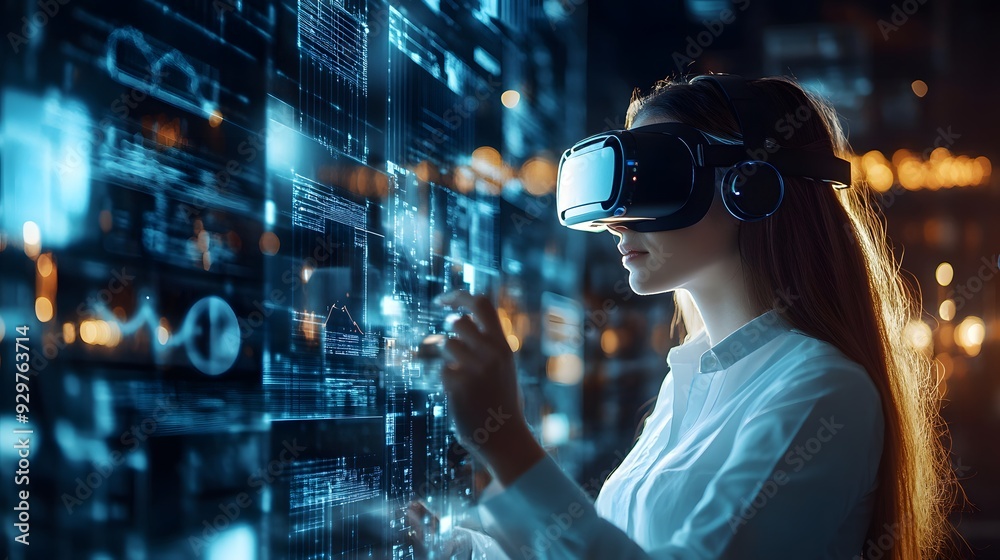 Smart project manager looking and managing security protection. Professional businesswoman access identity privacy system while wearing VR glasses and visual reality headset. Innovation. Contraption Smart project manager looking and managing security protection. Professional businesswoman access identity privacy system while wearing VR glasses and visual reality headset. Innovation. Contraption