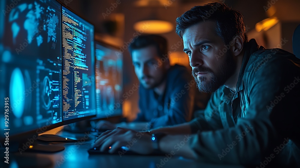 Two programmers working late at night, focused on their computer screens, analyzing data and coding. Two programmers working late at night, focused on their computer screens, analyzing data and coding.