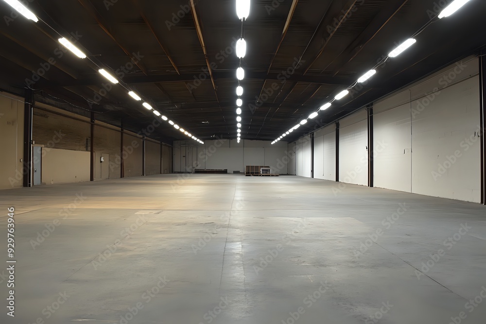 Empty Industrial Warehouse with Fluorescent Lights and Concrete Floor Empty Industrial Warehouse with Fluorescent Lights and Concrete Floor