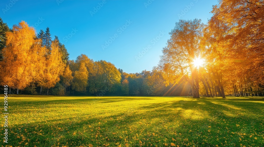 Fototapeta premium Colorful autumn Park with red and yellow maple trees and blue sky,Autumn forest path,Lawn in autumn city park in Sunny day,Trees with yellow leaves in park,Natural Wallpaper.