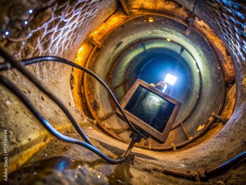 Close-up of sewer inspection camera descending into dark drain, with bright monitor display showing murky underwater pipe interior, revealing hidden infrastructure. photo