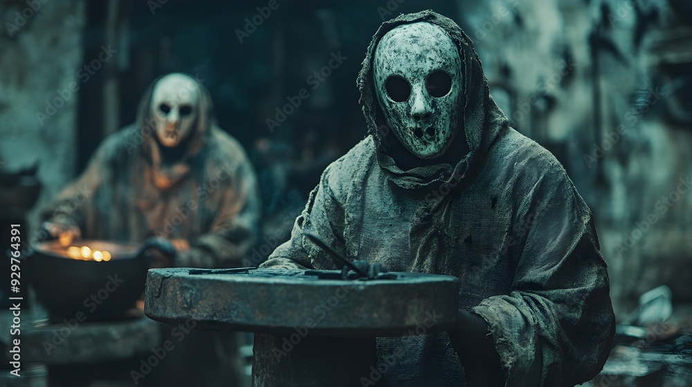 Halloween party masks on an anvil, cursed blacksmith at work, eerie lighting, Gothic horror design, isolated on white background Halloween party masks on an anvil, cursed blacksmith at work, eerie lighting, Gothic horror design, isolated on white background