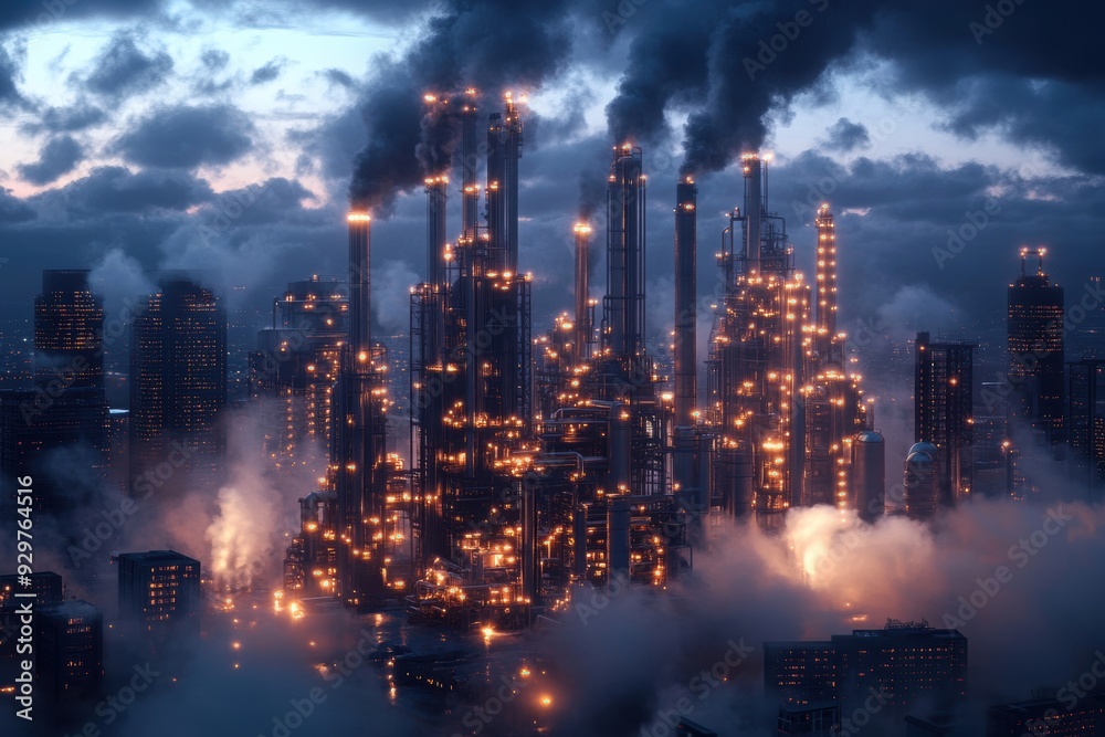 Obraz premium An industrial skyline featuring towering crude oil refineries and intricate pipelines weaving through, symbolizing the rising global demand for oil and energy.