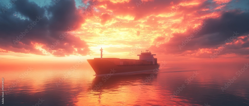 Container ship navigating through narrow canal vibrant sunset sky global shipping route maritime logistics strategic trade Container ship navigating through narrow canal vibrant sunset sky global shipping route maritime logistics strategic trade