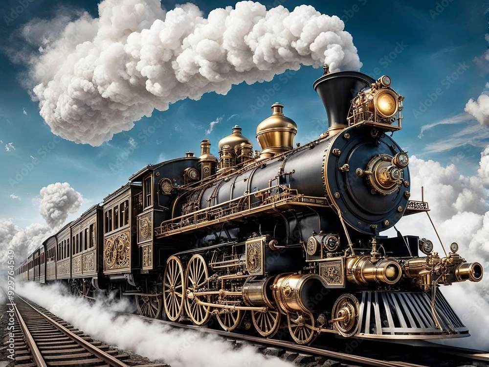 Obraz premium Steampunk Train on a Floating Track. Generative AI.