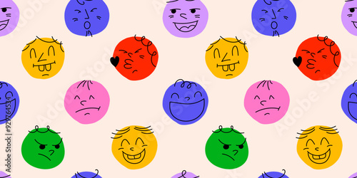 Round abstract comic Faces with various Emotions. Crayon drawing style. Different colorful characters. Cartoon style. Vector illustration seamless pattern with happy smile colorful. Flat design
