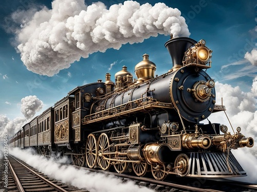 Steampunk Train on a Floating Track. Generative AI.