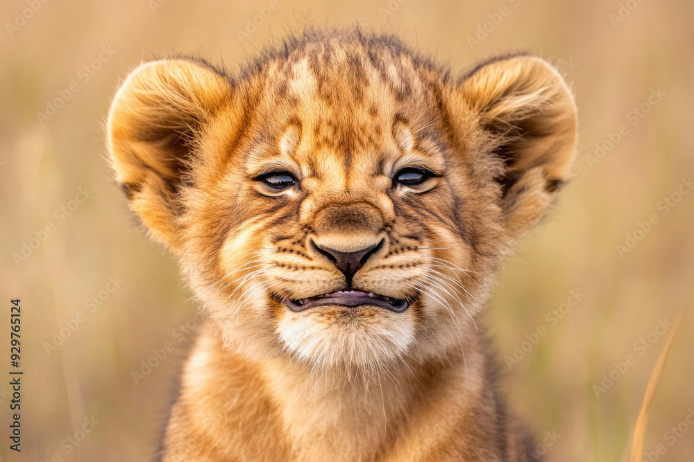 Fototapeta premium A portrait of a happy lion cub.