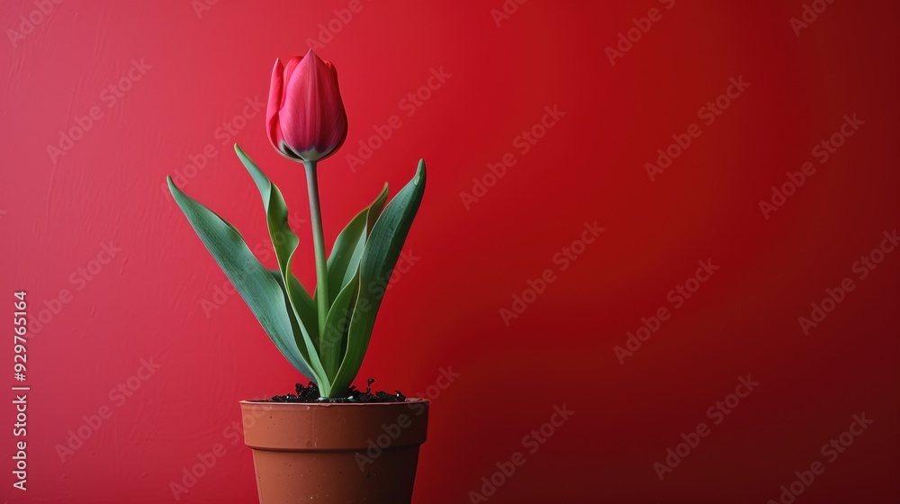 A red tulip in a brown pot on a plain background. A red tulip in a brown pot on a plain background.