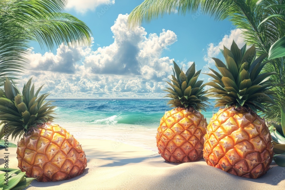 Three pineapples on a tropical beach with palm leaves and a serene ocean view under a bright, sunny sky with fluffy clouds. Three pineapples on a tropical beach with palm leaves and a serene ocean view under a bright, sunny sky with fluffy clouds.