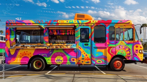 Depict a junk food truck with a vibrant exterior serving up popular snacks like nachos, hot dogs, and ice cream.