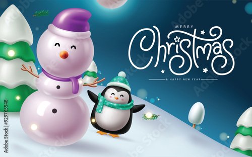 Merry christmas greeting vector design. Christmas greeting text with cute snowman and penguin characters in frost pine tree elements sliding snow bokeh background. Vector illustration new year eve 
