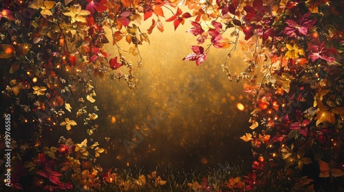 Autumn Leaves with String Lights and Gold Background photo