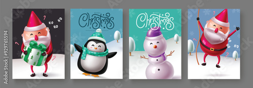 Christmas greetings characters vector poster set design. Christmas character like singing santa claus holding gift and rope, smiling snowman and waving cute penguin for holiday gift tags collection. 