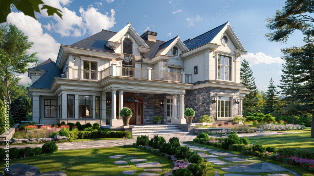 Depict a luxury home exterior with a classic, elegant facade, large windows, and a well-designed front yard with beautiful landscaping Depict a luxury home exterior with a classic, elegant facade, large windows, and a well-designed front yard with beautiful landscaping