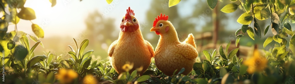 Fototapeta premium Two cute chickens standing together in a sunny garden surrounded by green plants and yellow flowers.