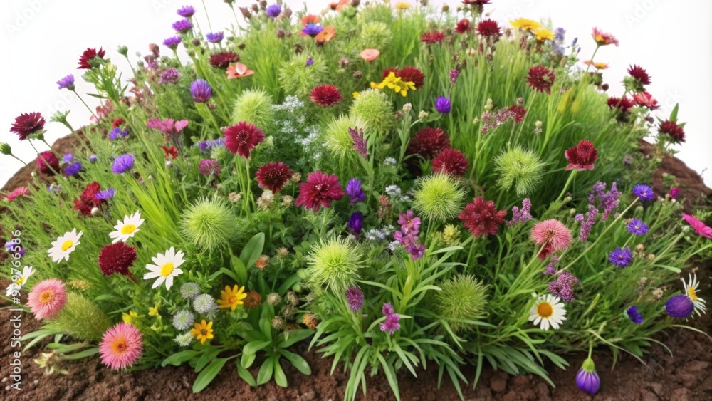 Vibrant bush of lush green grass and colorful wildflowers isolated on a transparent background, creating a beautiful and delicate natural arrangement. Vibrant bush of lush green grass and colorful wildflowers isolated on a transparent background, creating a beautiful and delicate natural arrangement.