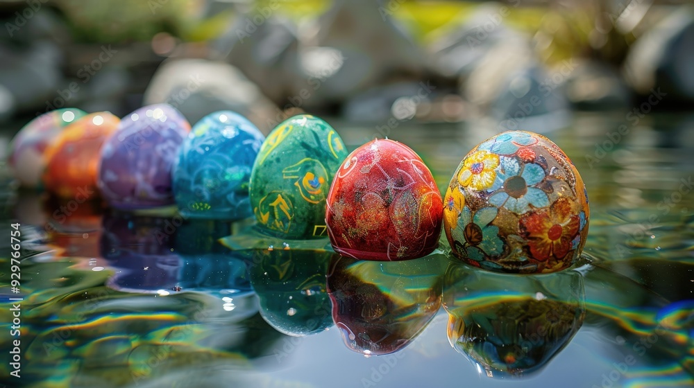 Depict a serene scene of Easter eggs floating in a crystal-clear pond, reflecting the vibrant colors and intricate designs on their surfaces Depict a serene scene of Easter eggs floating in a crystal-clear pond, reflecting the vibrant colors and intricate designs on their surfaces